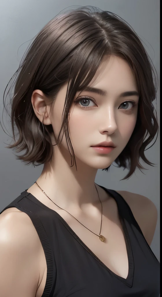 (representative work:1.4)、(8K、realistic、RAW photo、Highest image quality:1.4)、(30 year old mature woman)、beautiful face、(realisticな顔)、(dark brown hair、short hair:1.3)、beautiful hairstyle、realistic eyes、Detailed and beautiful eyes、(realisticな肌)、beautiful skin、wearing a pendant、charm、超High resolution、surreal、High resolution、golden ratio、gray background