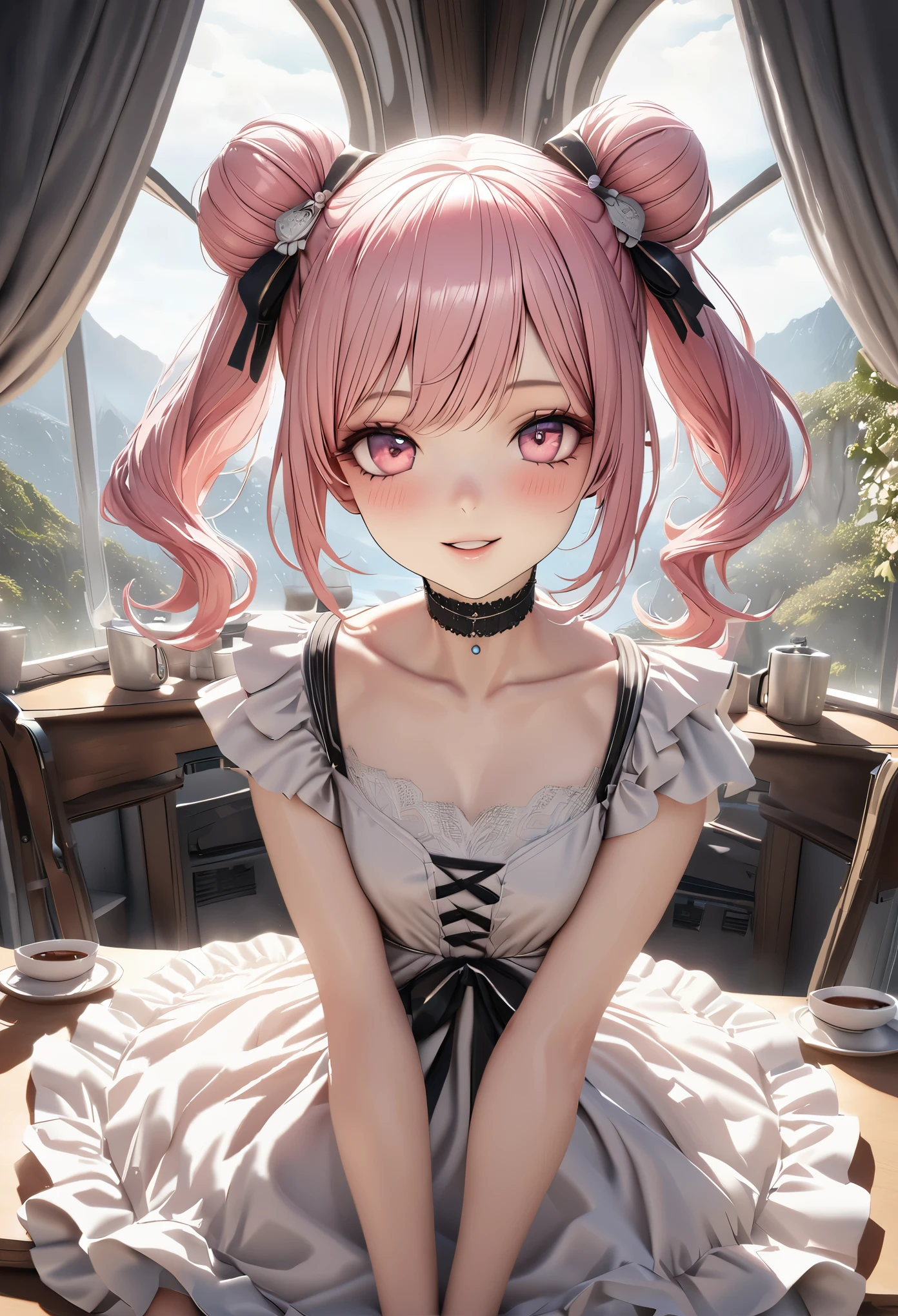 highest quality, highest quality, Super detailed, High resolution, High resolution, HDR, 4k, 8K, unity 8k wallpaper, Detailed CG, masterpiece, realistic, photorealistic, 2D, 3D, beautiful details, depth, fine texture , super fine: 1.3, Fully focused, Crispy.skin, .he,
Very cute anime girl with pigtails hair in a pink bun dressed like a doll, smile,one girl,he女の名前はミラです, alone, pink hair,, mole under the eyes, looking at the viewer, dress, cafeteria、heと待ち合わせ、blush, 白いdress, mole, parted lips, hair ornaments, heart, pink eyes, choker