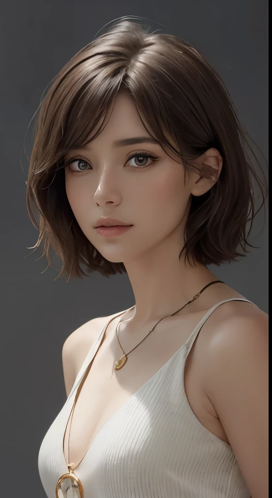 (representative work:1.4)、(8K、realistic、RAW photo、Highest image quality:1.4)、(30 year old mature woman)、beautiful face、(realisticな顔)、(dark brown hair、short hair:1.3)、beautiful hairstyle、realistic eyes、Detailed and beautiful eyes、(realisticな肌)、beautiful skin、wearing a pendant、charm、超High resolution、surreal、High resolution、golden ratio、gray background