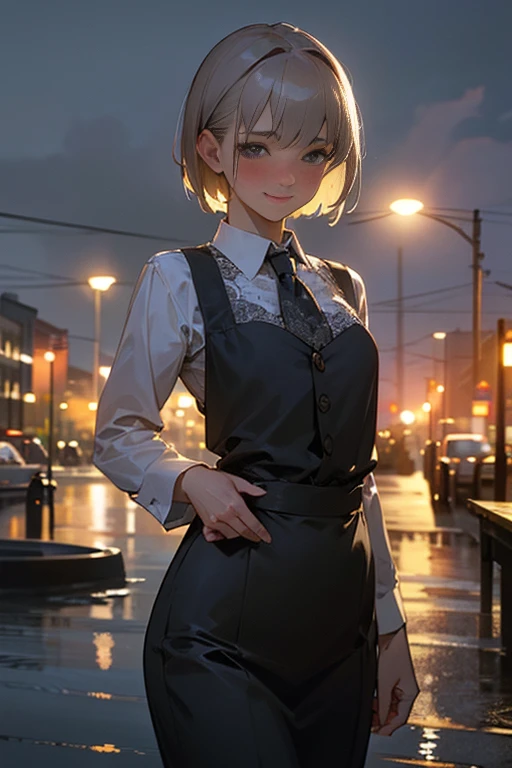 (8K, highest quality, masterpiece: 1.2), (realistic, photorealistic: 1.37), Super detailed, 1 girl, , alone, small breasts, beautiful detailed sky, Detailed cafe, night, (blush), (smile: 1.15), (closed mouth), small, (collared shirt: 1.1), night, Wet, Business service, rain, white lace, (short hair: 1.2), Floating hair NovaFrogStyle, random sexy pose,
