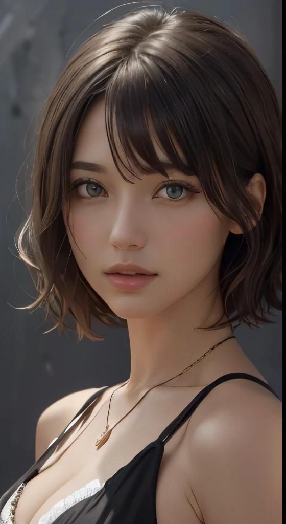 (representative work:1.4)、(8K、realistic、RAW photo、Highest image quality:1.4)、(30 year old mature woman)、beautiful face、(realisticな顔)、(dark brown hair、short hair:1.3)、beautiful hairstyle、realistic eyes、Detailed and beautiful eyes、(realisticな肌)、beautiful skin、wearing a pendant、charm、超High resolution、surreal、High resolution、golden ratio、gray background