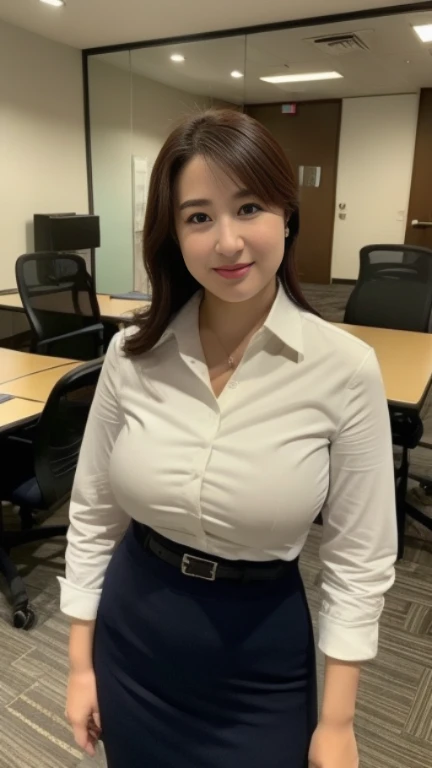 ((highest quality, 8K, masterpiece, portrait: 1.3)), (looking at the viewer), (full shot:0.85), attractive business mature woman, 1 person, a little chubby:0.4,brown medium hair、 white collared shirt, gray tight skirt,((big breasts 1.6)) (big pelvis:0.9), ((Are standing)), smile:0.2, conference room、,good posture、カーテンを閉め切ったconference room、a little dark room、
