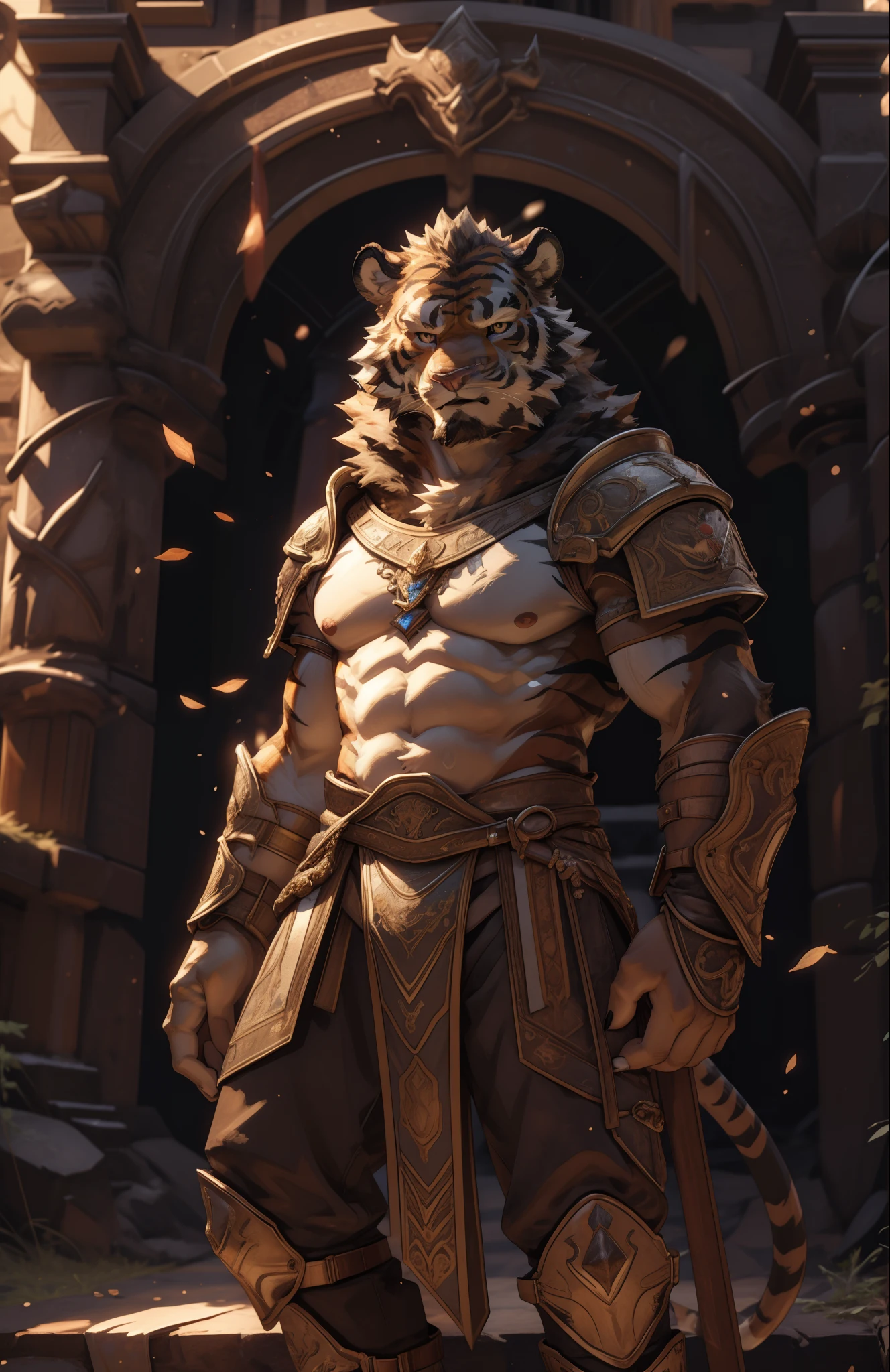 A Tiger in a roman costume standing in front of a building, male warrior, muscular, gladiator armor, SFW, Sexybody, anthropomorphic, extra detailed body, detailed body, Best quality, masterpiece, ultra high res,detailed background,realistic, real shadow and light,depth of field, (View from beside ), details skin, fluffy, confident face, bad boy, sweaty, bulge, Tiger