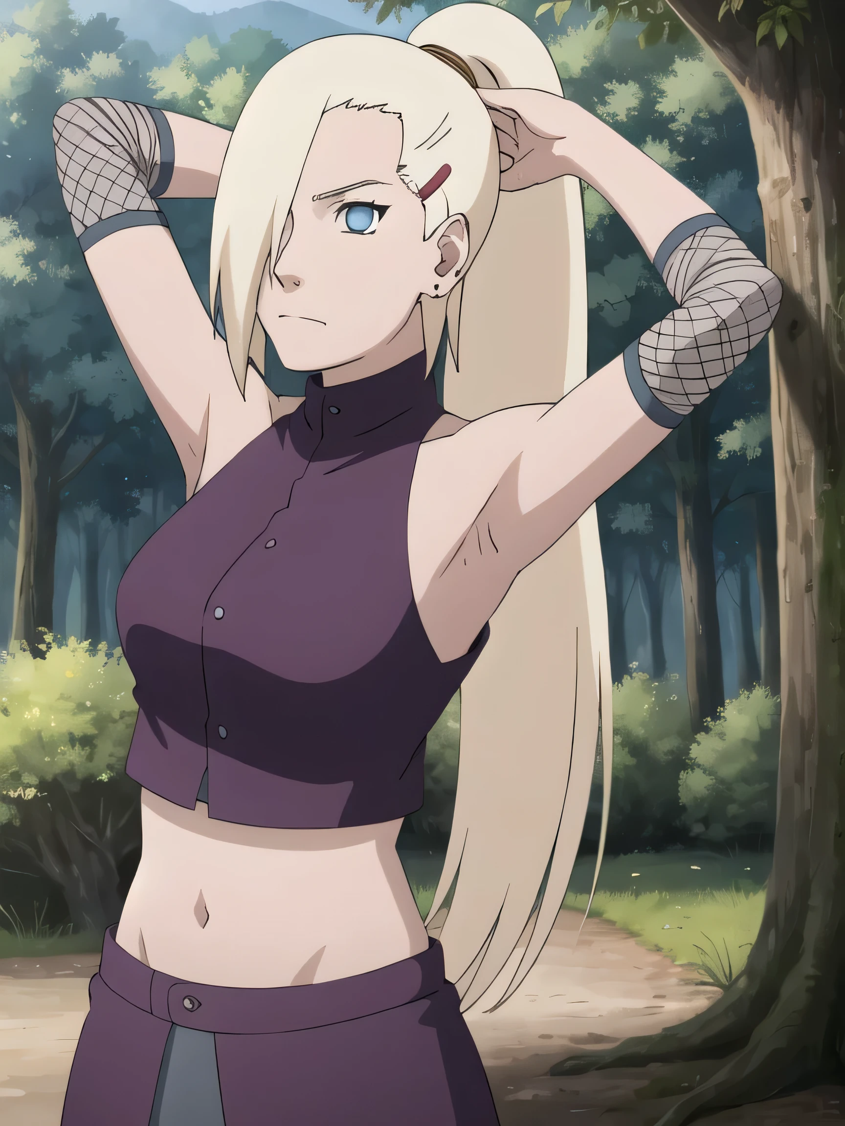 1girl, solo, blue eyes, ponytail, hair over one eye, hairclip, earrings, looking at viewer, long hair, blonde hair, outdoors, forest, closed mouth, sleeveless shirt, bare shoulders, ninja, upper body, midriff, navel, fishnets, arms up, armpits, showing armpits, masterpiece, by masashi kishimoto