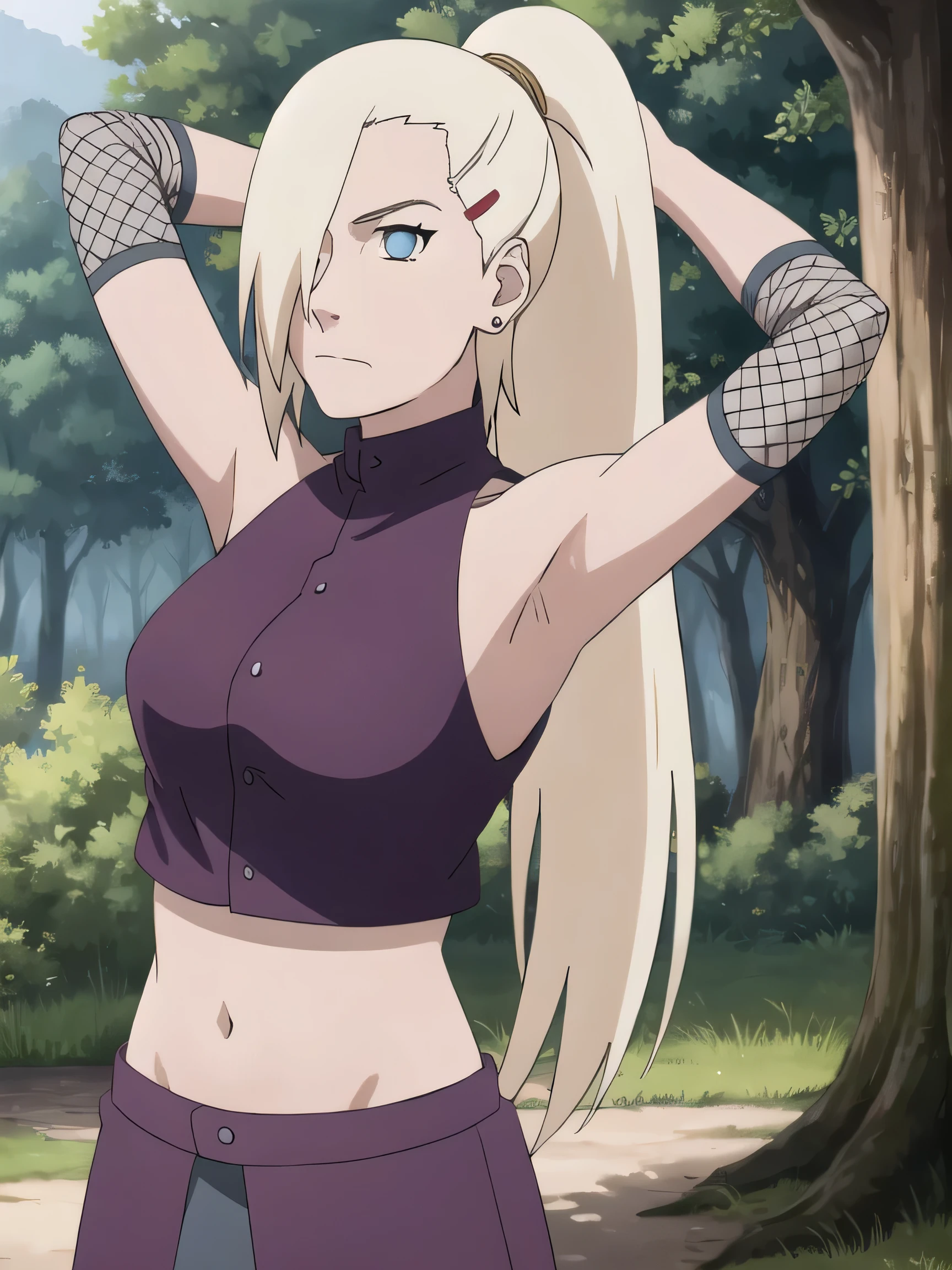 1girl, solo, blue eyes, ponytail, hair over one eye, hairclip, earrings, looking at viewer, long hair, blonde hair, outdoors, forest, closed mouth, sleeveless shirt, bare shoulders, ninja, upper body, midriff, navel, fishnets, arms up, armpits, showing armpits, masterpiece, by masashi kishimoto