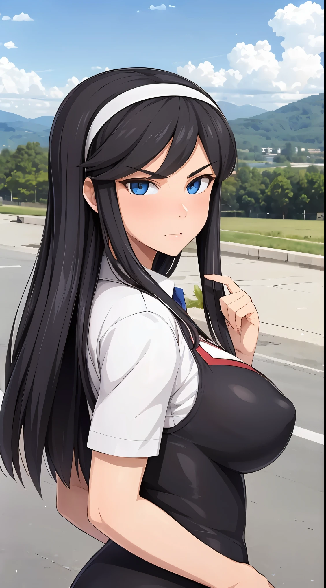 1girl, solo, black hair, looking at viewer, ((MILF)), kumashiro maya, hairband