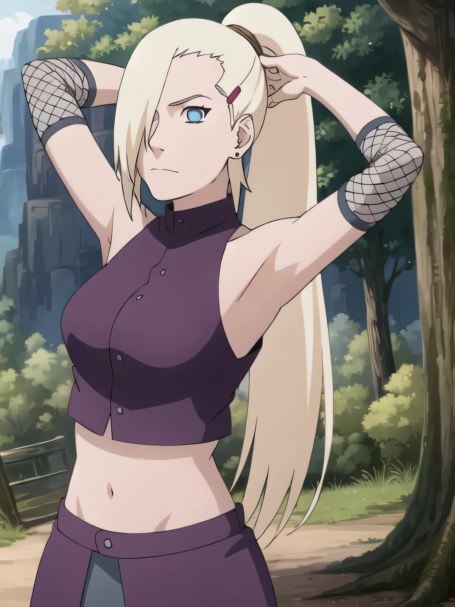 1girl, solo, blue eyes, ponytail, hair over one eye, hairclip, earrings, looking at viewer, long hair, blonde hair, outdoors, forest, closed mouth, sleeveless shirt, bare shoulders, ninja, upper body, midriff, navel, fishnets, arms up, armpits, showing armpits, masterpiece, by masashi kishimoto