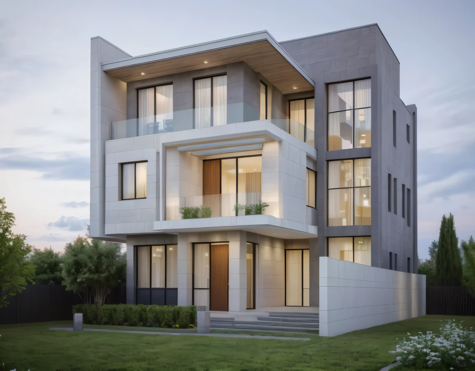 (masterpiece),(high quality), best quality, real,(realistic), super detailed, (full detail),(4k),8k,modern house exterior design,Modern architecture,Beautiful_sky,Day light, no_humans, outdoors,sky,tree,Garden flower front of building,