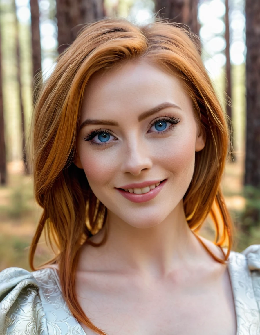 Generates a beautiful 25-year-old Medieval princess, orange hair, blue eyes, clear skin, radiant and cheerful smile showing her beautiful teeth, full and sexy lips, proportionate and blushing cheeks, happy and bright eyes, highlights every detail, which reflects joy and lots of love, 8k UHD super resolution, ultra sharp, minimal details ultra sharp and defined, highlights your outfit with pastel colors, pine forest background, perfect composition, professional photography, masterpiece, charming and elegant face, penetrating look