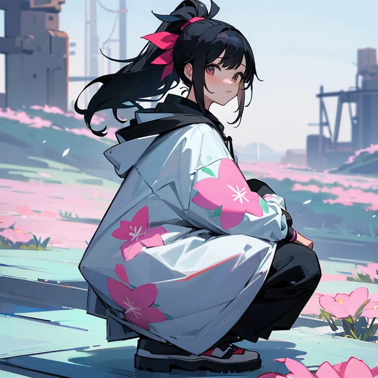 black hair、girl、ponytail、squat、hoodie、flower