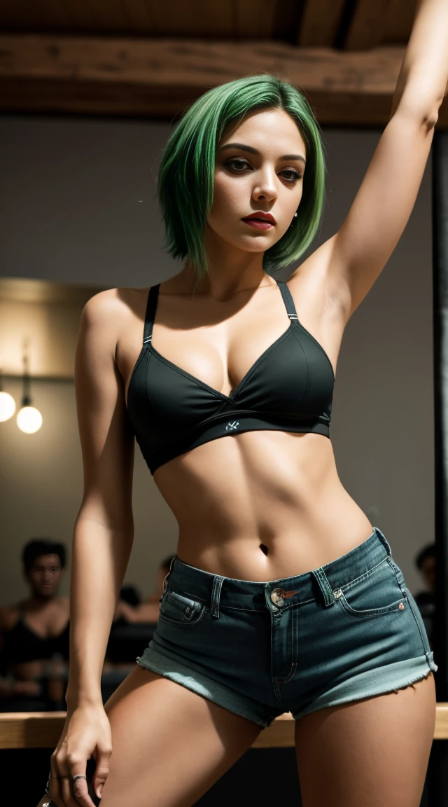 Buena chica joven,20 years, pelo color verde, sujetador negro, short black jeans showing the thong. Bailando en una barra americana, poledance, Gothic, gothic, gothic, bailes sexy, Green hair (obra maestra:1.0),(mejor_calidad:1.0), ultra high resolution,4k,ultra detallado, Photography, 8K, HDR, high resolution, absurdos:1.2, retrato kodak 400, fondo borroso, bokeh, destello de lente, (vibrante_color:1.2),professional photography,(el_tatuaje:1.4),(Hermoso,Grande_senos), (Hermoso_rostro:1.5),(angosto_cintura), 20 years, pelo color verde, sujetador negro, short black jeans showing the thong. Bailando en una barra americana, poledance, Gothic, gothic, gothic, bailes sexy,