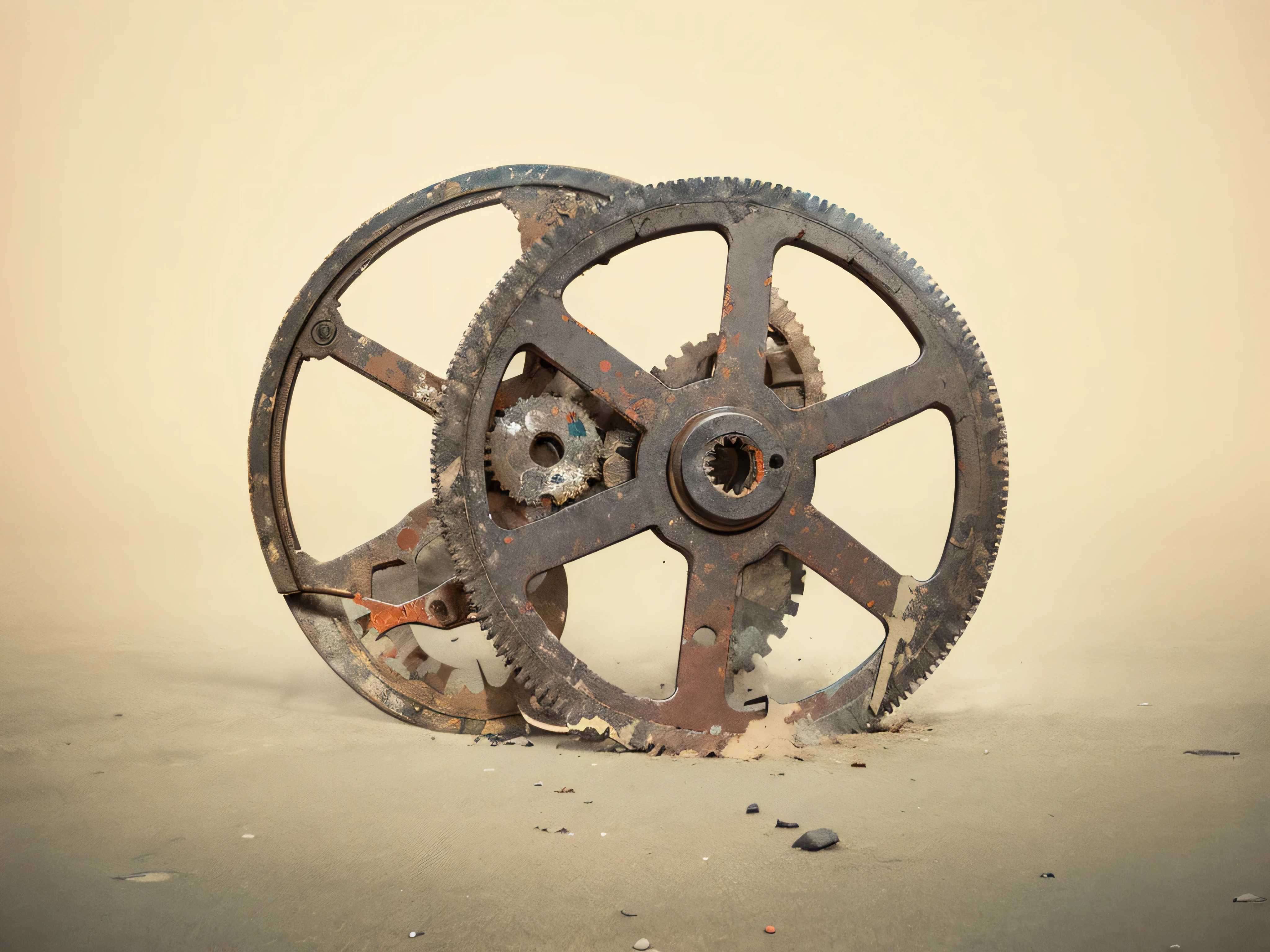 Gears against the wall，Gears on the ground，Rusty gears，Abandoned gear，Indoor Photography，studio lighting，Zhang Kechun style,panoramic，surreal style，k uhd，Fujifilm GFX100S，Enhance details，unmatched details，picture perfect