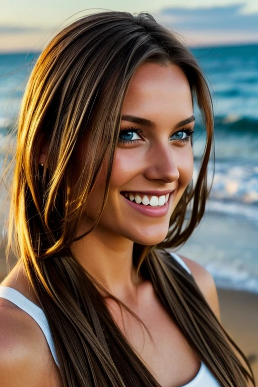 Una chica muy sexy, long light brown hair, ojos azul claro,  ,muy sexy y realista , tiene hechas las trenzas  .cuerpo completo ,He laughs and looks at the camera , esta mirando el amanecer en el mar 