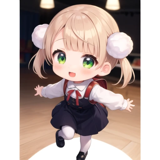 Super detailed,masterpiece,highest quality,stage,sp@dim light,dancing,1 girl,(Chibi),shigure ui (vtuber) ,short hair,light brown hair,twin tails,Pom Pom Hair Ornament,hair intake,green eyes, ,bangs,red bow,white shirt with collar,long sleeve,red school bag,black sleeveless pinafore dress,white socks,black footwear