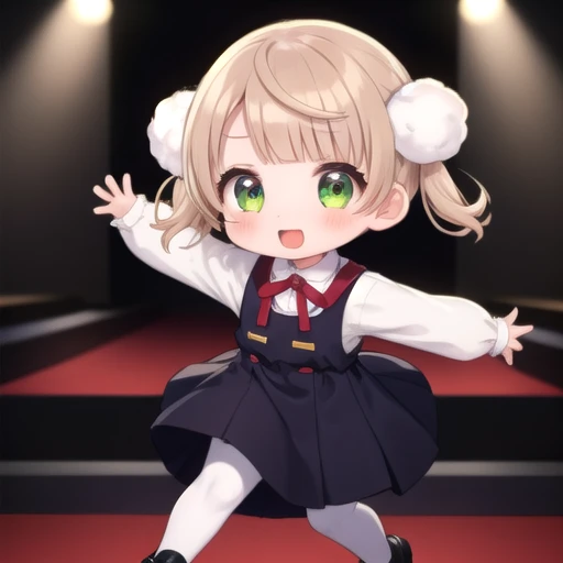 Super detailed,masterpiece,highest quality,stage,sp@dim light,dancing,1 girl,(Chibi),shigure ui (vtuber) ,short hair,light brown hair,twin tails,Pom Pom Hair Ornament,hair intake,green eyes, ,bangs,red bow,white shirt with collar,long sleeve,red school bag,black sleeveless pinafore dress,white socks,black footwear