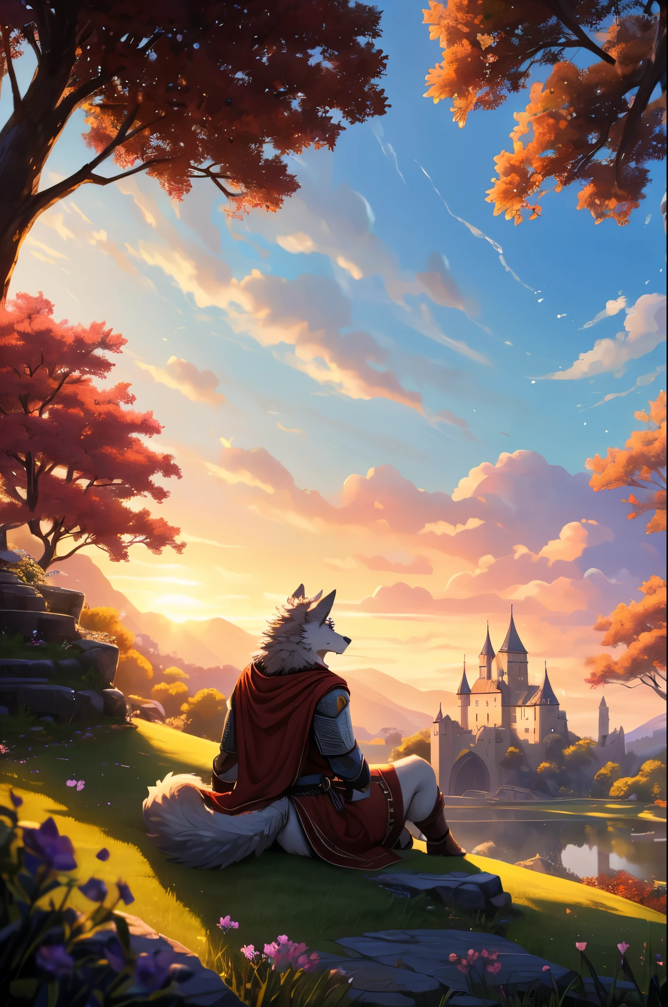 Anthro((dramatic))epic, dynamic pose, One scene of movie, An extreme perspective with a powerful composition, absurdres, Perfect Anatomy, magnificent picture of kemono fighting fierce battles, (ultra detailed), sharp focus, niji, eyesgod, black eye, furry, light-white fur, brown fur, white beard, anthro (wolf), male, middle-aged, gray body, white belly, tail, muscular, knight costume, long red cherry cloak, ultra detailed face, depth of field, motion blur, high details, high quality, award winning, HD, 16k, (best quality,4k,8k,highres,masterpiece:1.2),ultra-detailed,realistic:1.37,HDR,UHD,studio lighting,extreme detail description,professional,vivid colors,bokeh,lively atmosphere, natural lighting, wide view, soft color tones, (vibrant colors), (subtle lighting), (natural, realistic), (serene atmosphere), (peaceful mood), (gentle breeze), (harmonious composition), (distant horizon), (ethereal beauty), (serene landscape), (dreamlike scenery), (tranquil setting), (calming ambiance), (impressionistic style), (captivating scenery), (sublime beauty), (timeless elegance), (evocative atmosphere), (majestic vista), (gentle pastel hues), (serenity and tranquility), (sit on the lawn:1.5), looking up the sky, (castle at distance:1.2), (tree nearby:1.4), (beautiful sunset, vibrant colors, golden light, breathtaking scenery), (close up:1.3)