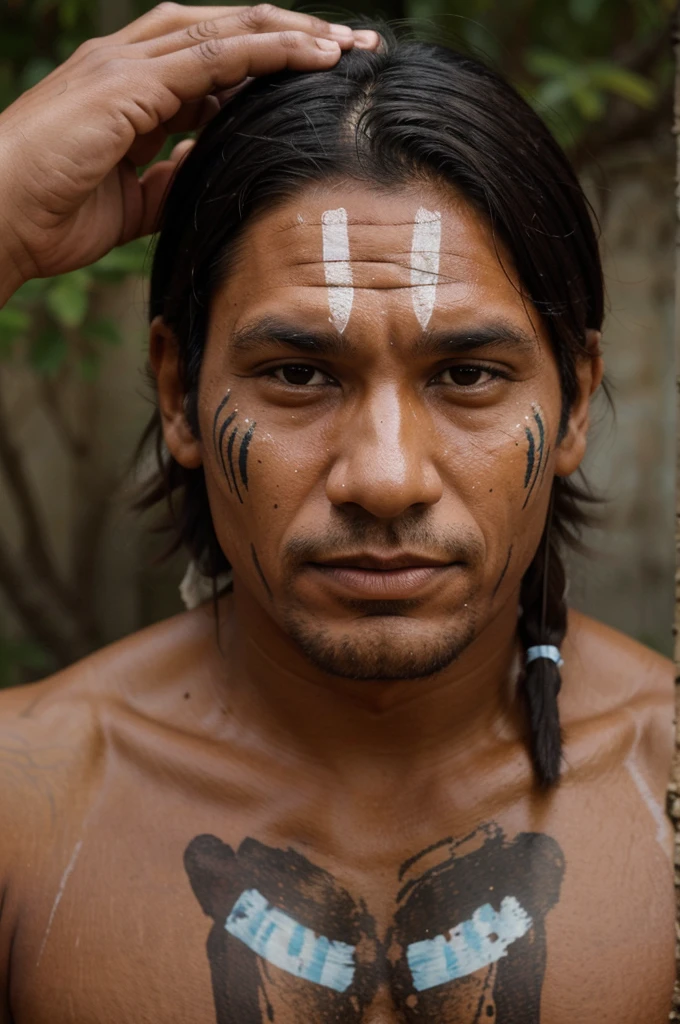 image of an indigenous man in the past with paint on his face and scratching his head giving an interview