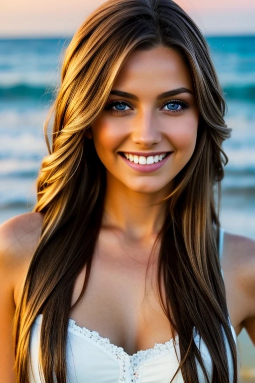 Una chica muy sexy, long light brown hair, ojos azul claro, ,muy sexy y realista , tiene hechas las trenzas .cuerpo completo ,He laughs and looks at the camera , esta mirando el amanecer en el mar