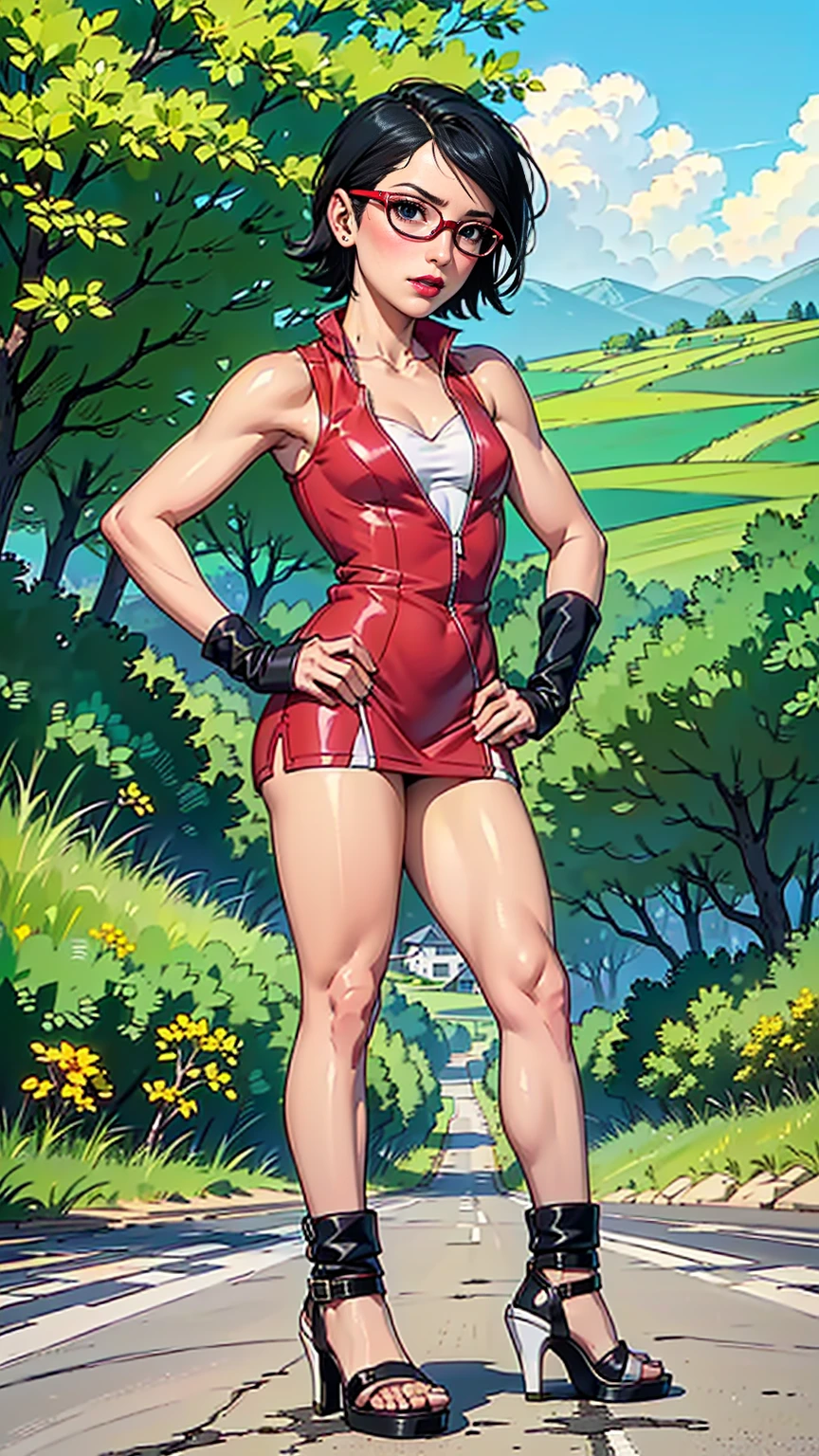 (1girl, solo, alone), (WakatsukiRisa, Sarada Uchiha, black hair, ((short hair, black eyes, red glasses))), ((solo, (1woman, ((small bust)), pink lipstick, black eyes), Extremely detailed, ambient soft lighting, 4k, perfect eyes, a perfect face, perfect lighting, a 1girl)), ((fitness, shapely body, athletic body, toned body)), ((red dress, high heels, white high heels, white and black high heels, admiring the landscape, face in profile, walking on a road, landscape of hills, dirt road, tree, blue sky, clould))