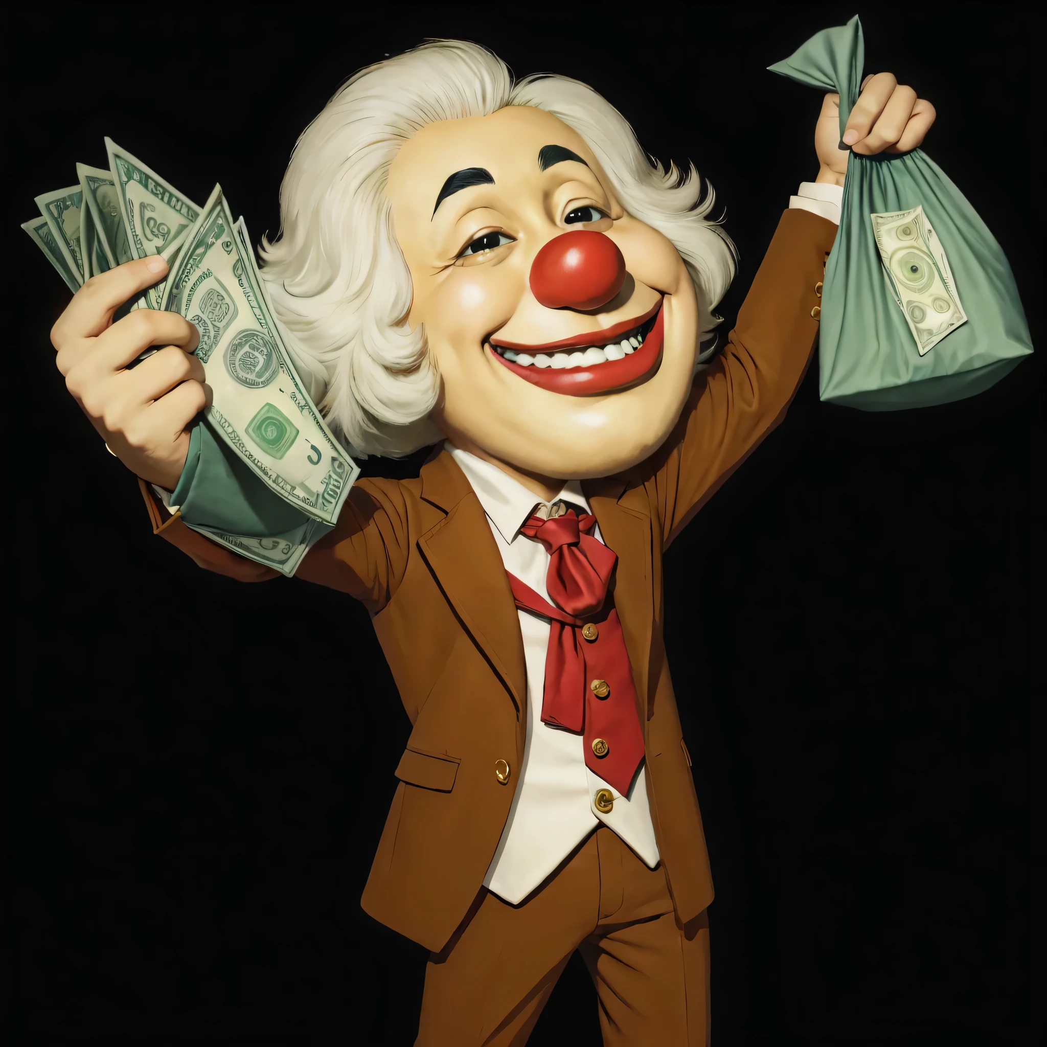 Cartoon man holding money bag and money bag, capitalist clown, Pepe is extremely happy., By Harry Beckhoff, flaunting his opulence, personification of greed, opulencey, opulence, vinny จาก vinesauce, cartoon pictures, official illustration, cash, capitalist, Very stylish., clown money, money bag, Inspiration from Benjamin Franklin