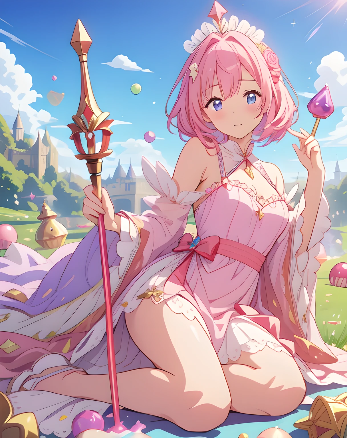 sceptre, lots of bonbons, Gumdrops, bonbonscanes, un arc-en-ciel, bonbons, (a field of bonbons), 1fille, reine du sucre, robe rose, a Sceptor of bonbons