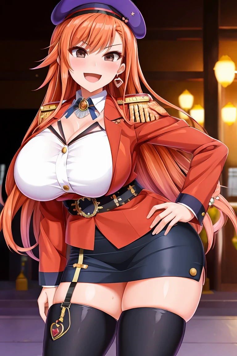 (arisugawa natsuha:1.2), long hair, orange hair, grey eyes, hand on hip, gold earrings, large breasts, jewelry, heart shaped, military cap, beret, (military uniform), (epaulette), jacket, harness, thigh strap, black thigh boots, skirt, (pencil skirt), miniskirt, frown, evil smile, open mouth, smirk, huge breast, cowboy shot