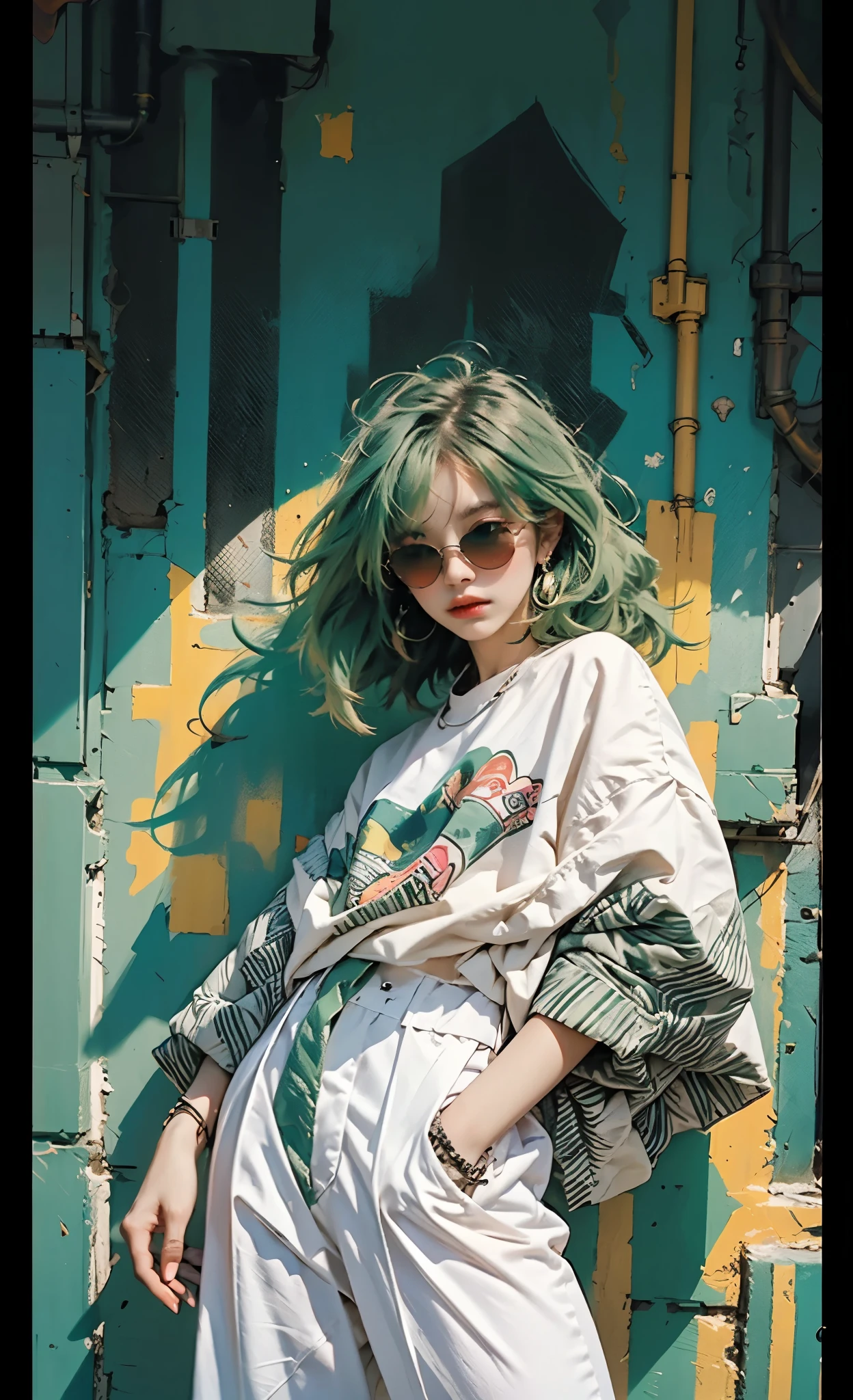 Kizi, Sexy, Handsome movements,Sideways photo,Colorful color scheme,(green hair)sunglasses, cool spray graffiti creative background, genz millenial soft faceTrendy clothing,Columnar patch background,green tomboy ish messy hai, rGeometric pattern stitching background, e.