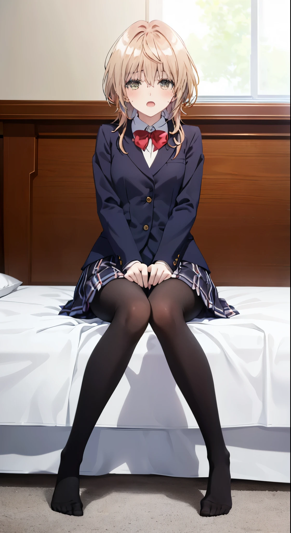 finest, masterpiece, High resolution, (Full body view from head to toe), Composition from the front and slightly below, symmetrical composition, Composition with accurate balance throughout the body、18 years old, slim and beautiful girl, alone, (small breasts), (not wearing shoes),messy hair, bangs, (black tights), (black pantyhose), (sitting on the floor with legs apart), (A pose in which the legs are spread apart on the bed), tied up with both arms hidden behind the back, (Composition showing white panties), (her legs spread、I can see white panties.), (Open mouth with a pained expression), blush, shy big eyes, looking at camera, blazer uniform, plaid pleated skirt