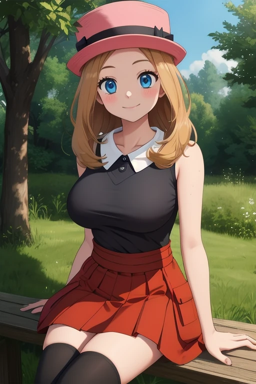 Packing Serena, 1 girl, alone, blue eyes, blonde hair, long hair, low-tied long hair, have, pink hat,
black shirt, collared shirt, sleeveless, red skirt, high waist skirt, pleated skirt, black stockings,
smile,closed mouth,cowboy shot,sitting,
forest,outdoor,
(very detailed, Beautiful and dense face, masterpiece, highest quality) cinematic lighting,、big breasts、Flip up your skirt