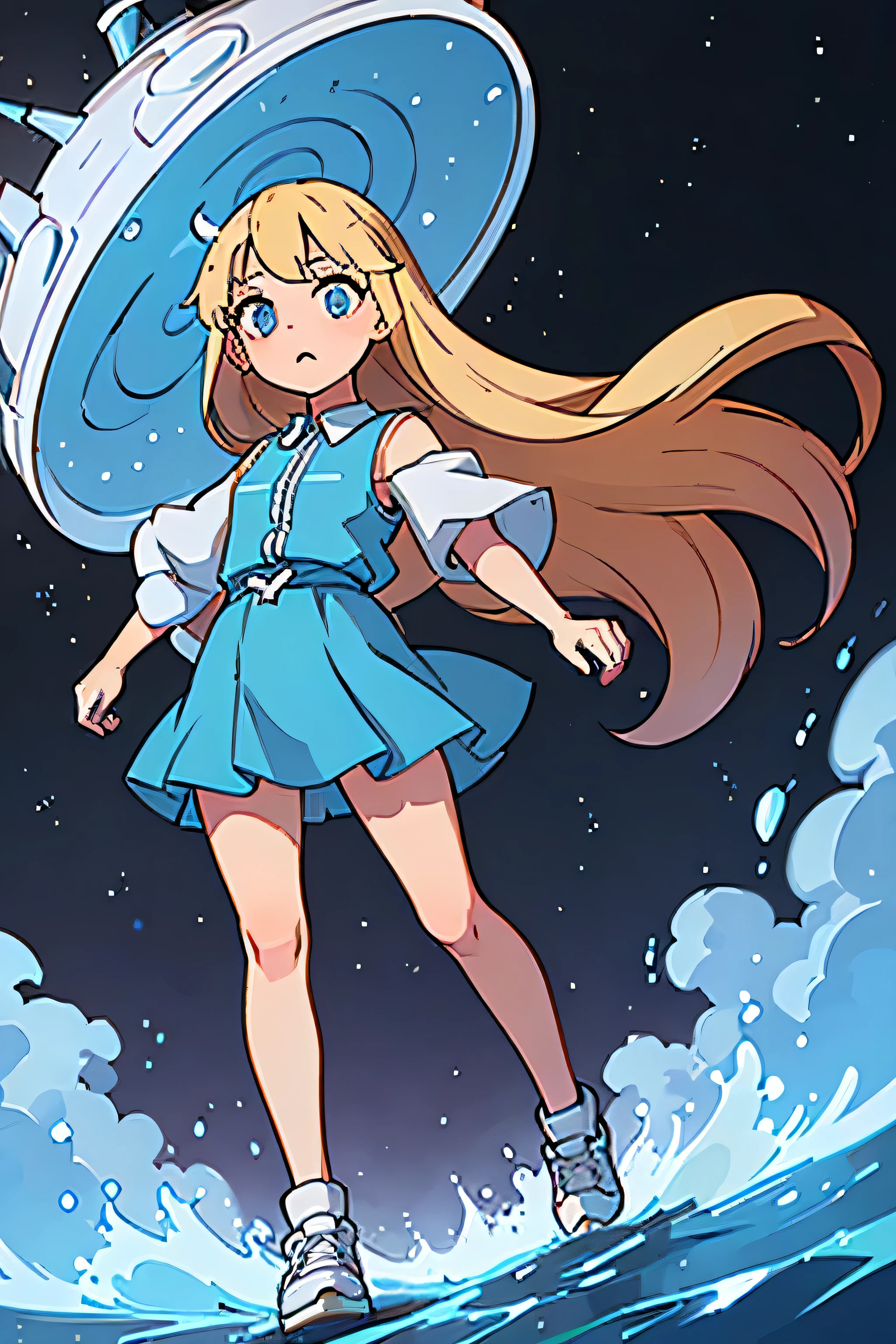 (Masterpiece, best quality), 12 year old girl. blonde hair with blue high-lights. blue eyes. wearing an ocean dress . wearing blue sneakers. wearing white. standing straight. arms at the side. facing forward.whole body can be seen. cosmic background.