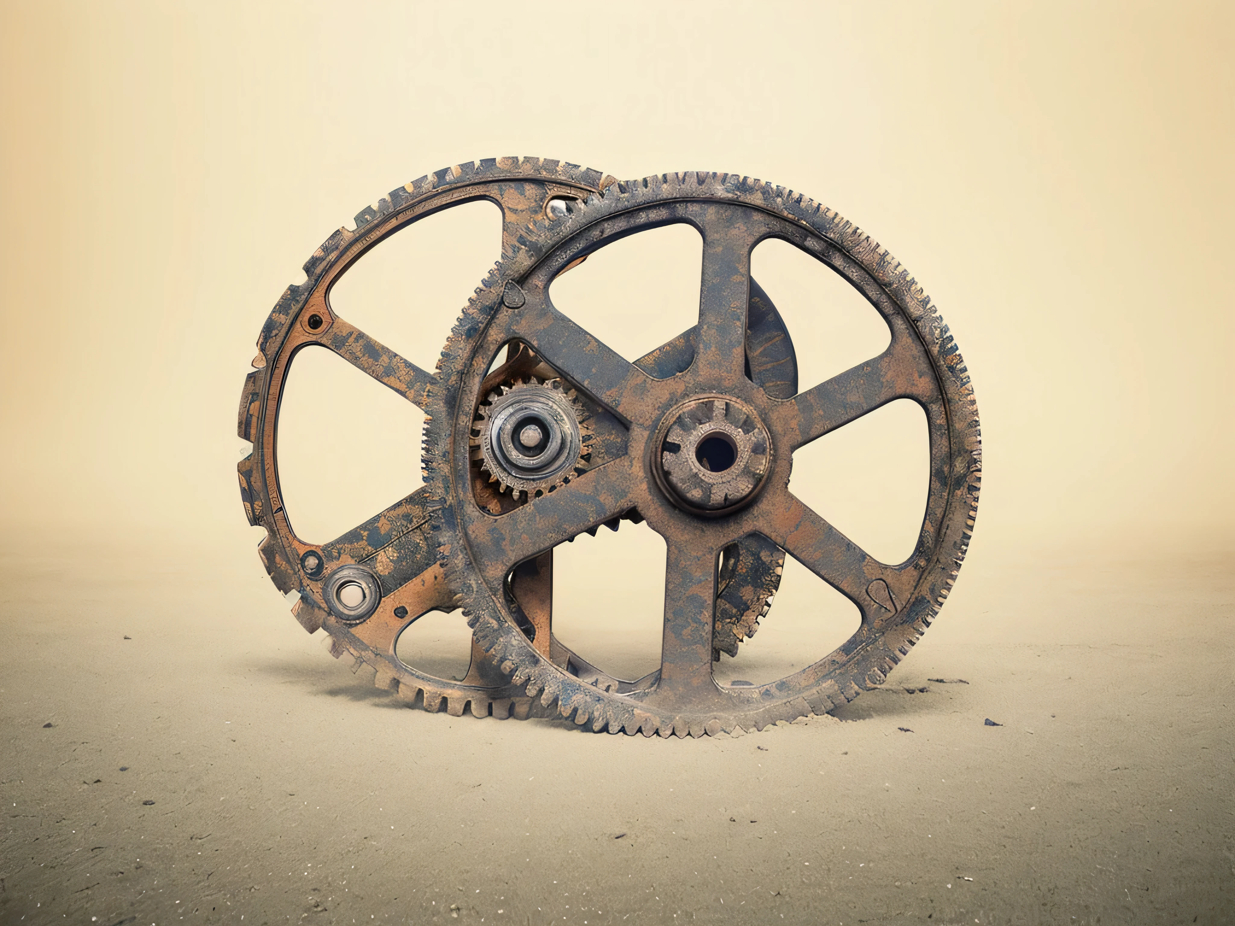 Gears against the wall,Gears on the ground,Rusty gears,Abandoned gear,Indoor Photography,studio lighting,Zhang Kechun style,panoramic,surreal style,k uhd,Fujifilm GFX100S,Enhance details,unmatched details,picture perfect