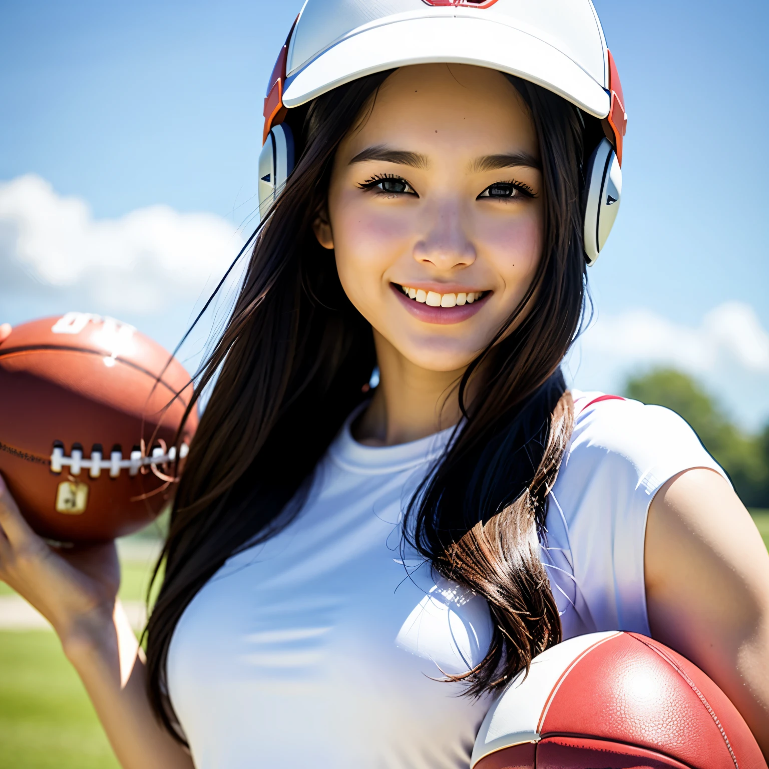 Girl holding an American football helmet: A top-quality, highly detailed CG Unity 8k wallpaper presents a realistic image of a pretty lady in the foreground. With a slim face, she wears a joyful smile, her eyes sparkling like diamonds in the morning sun. In her hands, she cradles an American football helmet, its textures and colors finely detailed, an ultra-realistic representation of authentic sports equipment. The background is blurred, adding focus to the beauty and elegance of our girl, the perfect balance of art and technology.