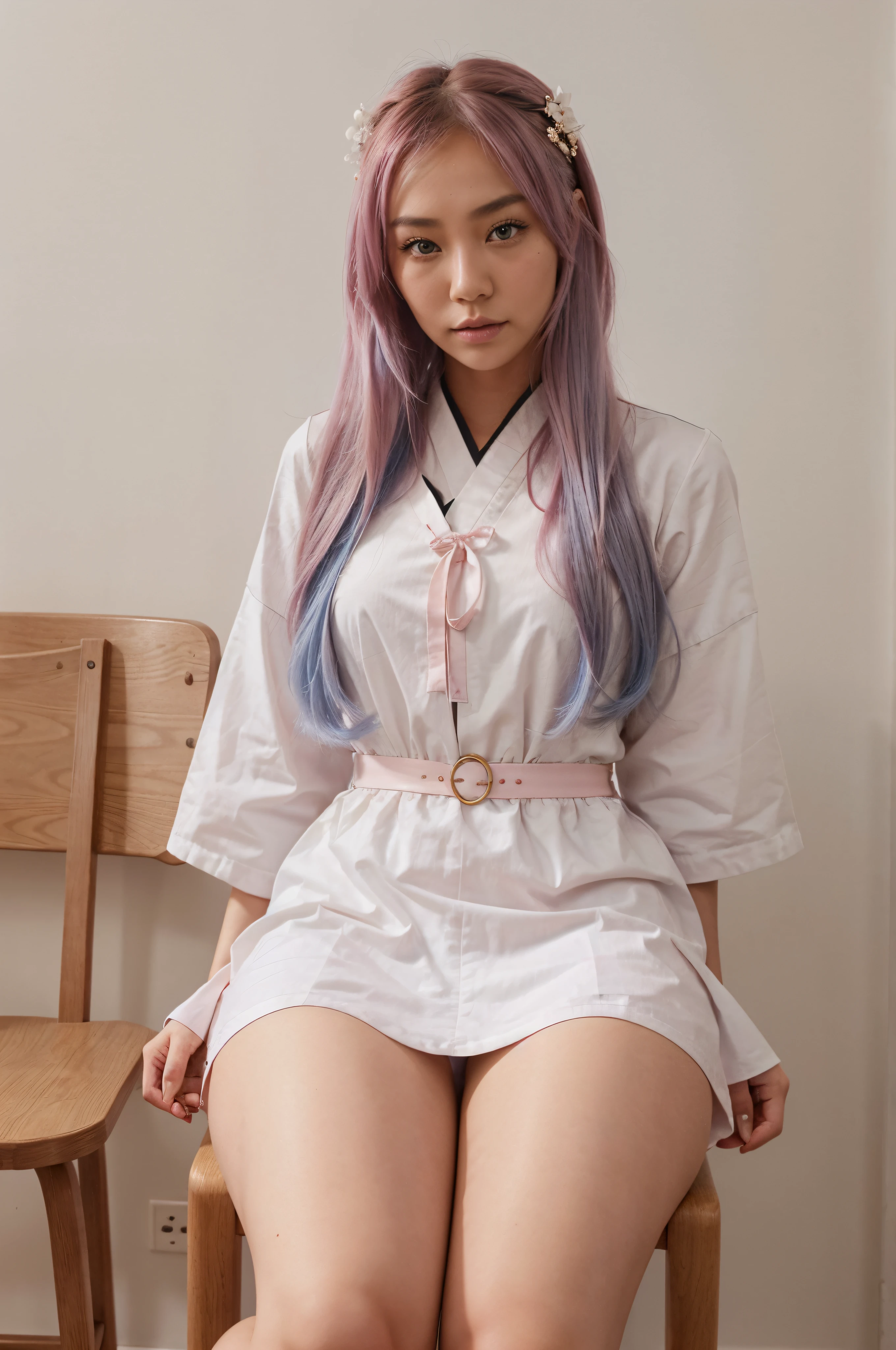 super model, Instagram influencer girl, streamer, beautiful face, cute, asian, mongolian girl, Instagram fillter, Victoria secret model, pink hair, black eyes, wearing deel,Mongolian Traditional Clothes, Deel lip detail, face detail, hair detail, eyes detail, sitting on chair, , little white and pink backround, white skin wearing dress, pink and little blue hair, blue eyes, taller, full body, looking out side