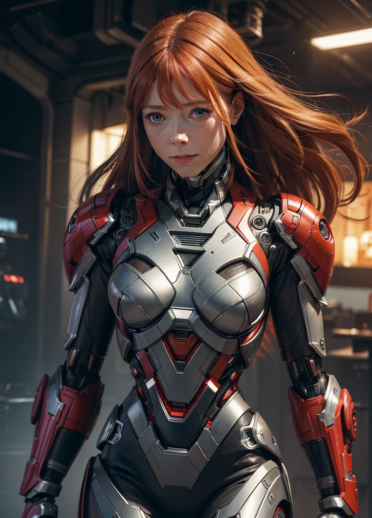 Textured skin, Super Detail, high details, High quality, Best Quality, hight resolution, 1080p, hard disk, Beautiful,(Pepper Potts),beautiful cyborg woman,Mecha Cyborg Girl,Battle Mode,Girl with a Mecha Body,She wears the Pepper Potts Rescue Mecha