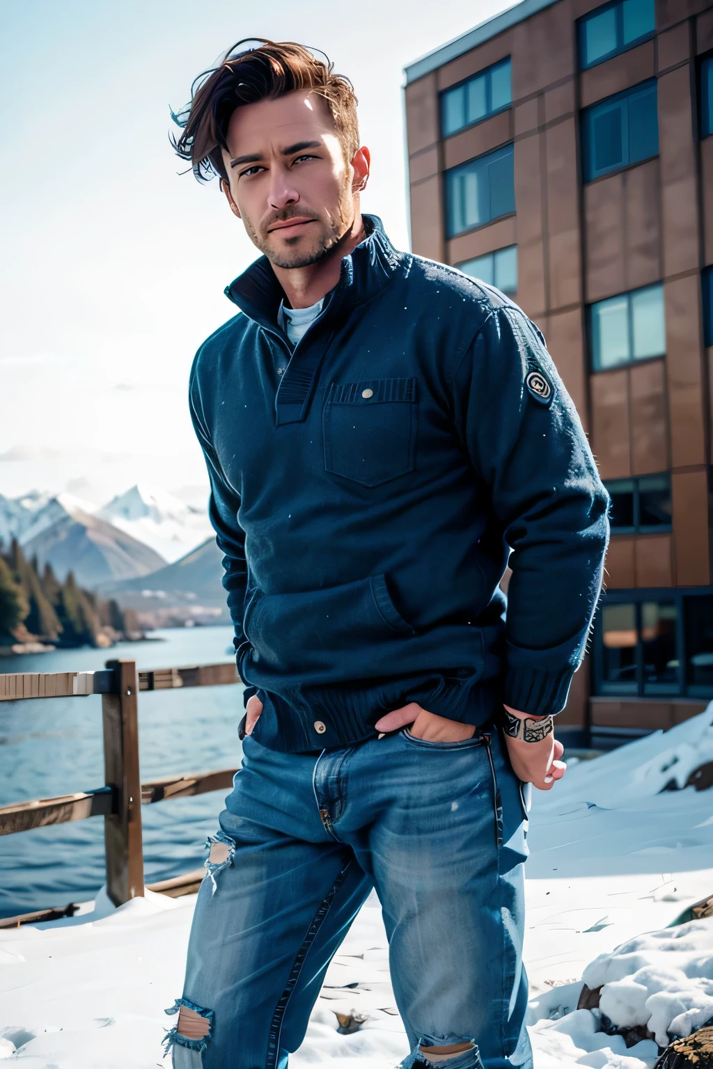 a man wearing Fisherman sweater and rugged jeans,( skyscraper, snowy peak:0.7)   