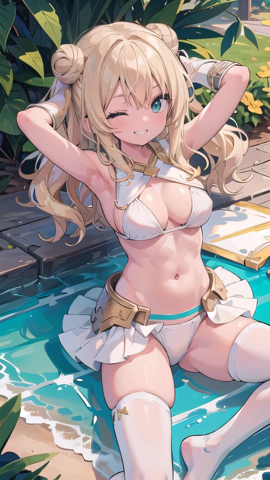 (masterpiece:1.2), (highest quality:1.2), perfect eyes, perfect face, perfect lighting, sunlight, outdoor, desert, 1 girl, blonde, yellow-green eyes, one eye closed, (((wavy hair))), bun_head, medium hair, ((((white bikini armor)))), cute eyes, closed mouth, ((from above)), ((front)), arms behind head , ((spread legs)), ((grin)), spoken heart, nipple, abs, ((big breasts)), skirt, Thighhighs