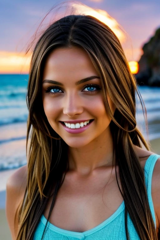 Una chica muy sexy, long light brown hair, ojos azul claro,  ,muy sexy y realista , tiene hechas las trenzas  .cuerpo completo ,He laughs and looks at the camera. , esta mirando el amanecer en el mar , cuerpo entero 