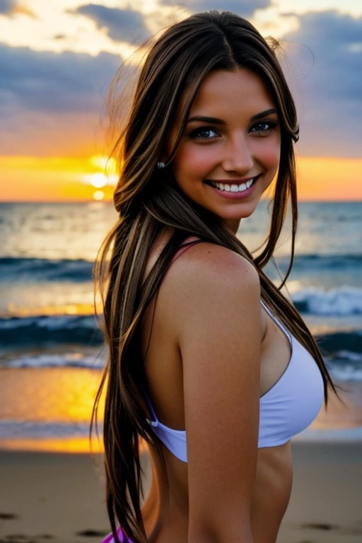 Una chica muy sexy, long light brown hair, ojos azul claro, ,muy sexy y realista , tiene hechas las trenzas .cuerpo completo ,He laughs and looks at the camera. , esta mirando el amanecer en el mar , cuerpo entero