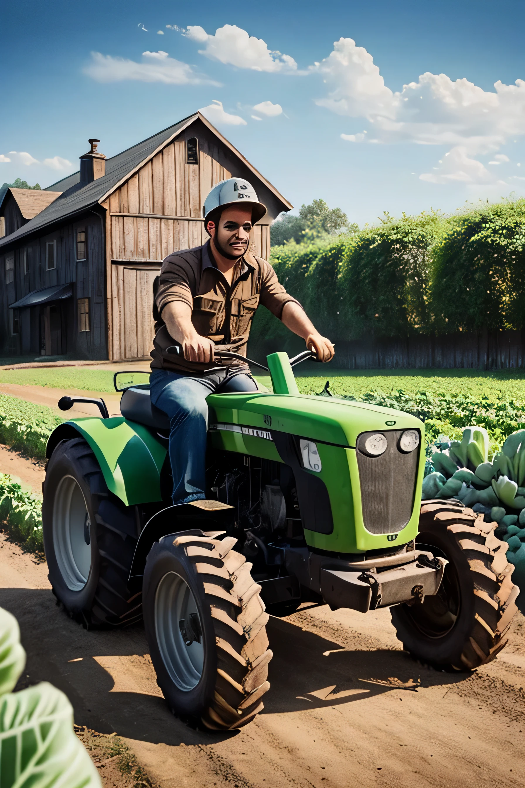 arafed tractor with a sitting on it and a bunch of cabbage, stunning artwork, futuristic tractors, made of food, food art, very inspirational, very very very creative, car made of meat, amazing artwork, realistic artwork, creative photo manipulation, celery man, photo manipulation, vegetable, absolutely outstanding image, by William Jennys, farmer, lettuce