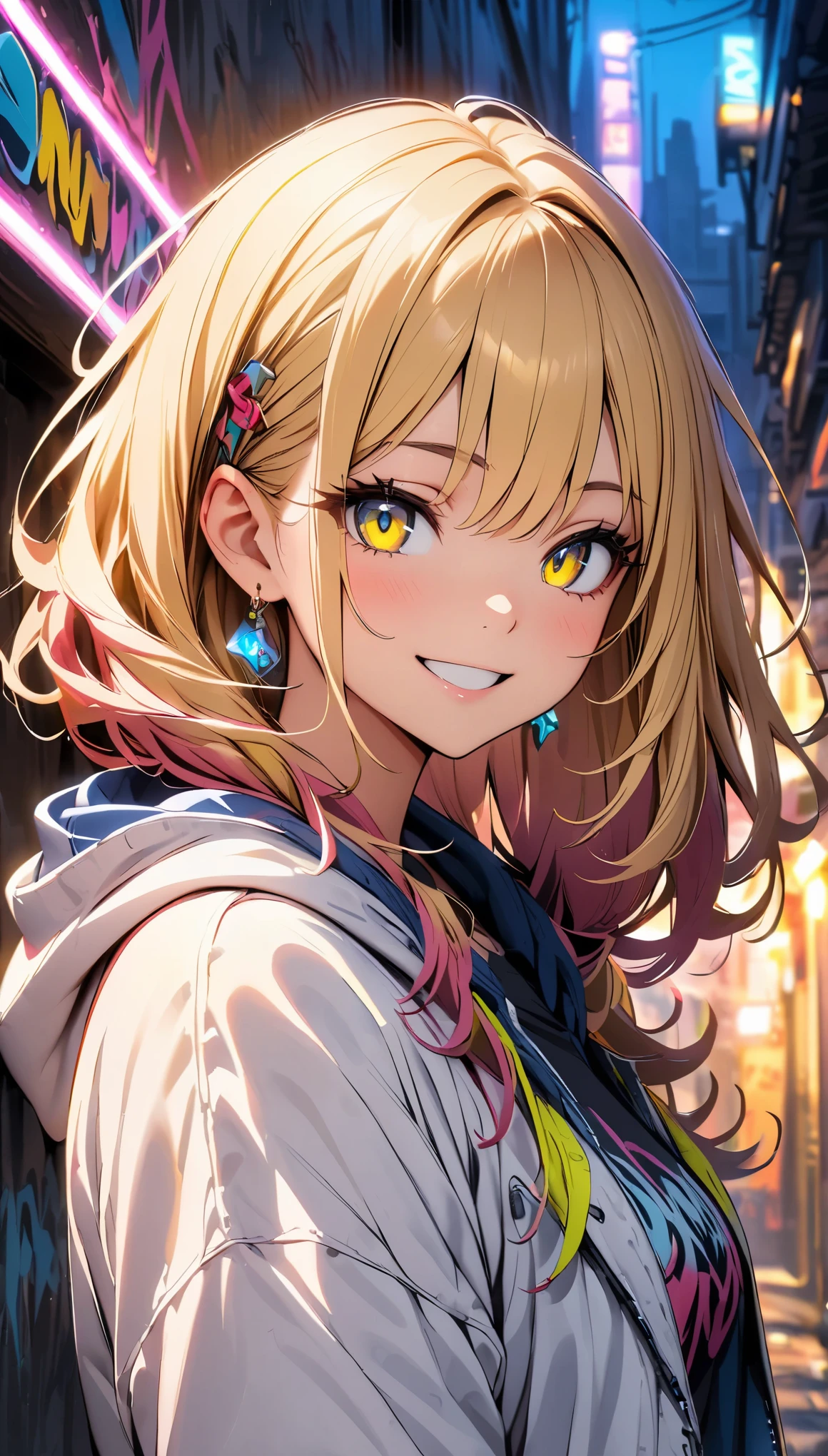 detailed background, masterpiece, highest quality, smile, ornament, hoodie, portrait, yellow neon, graffiti, dark, night, shining eyes, Black light