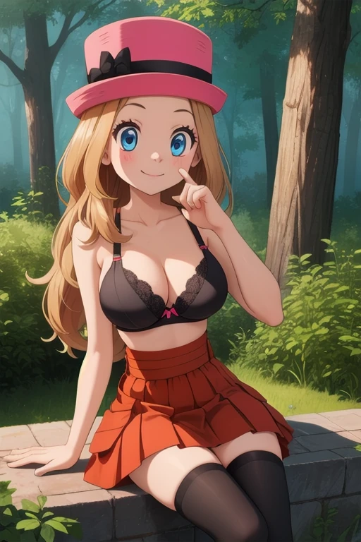 Packing Serena, 1 girl, alone, blue eyes, blonde hair, long hair, low-tied long hair, have, pink hat,
black bra, red skirt, high waist skirt, pleated skirt, black stockings,
smile,closed mouth,cowboy shot,sitting,
forest,outdoor,
(very detailed, Beautiful and dense face, masterpiece, highest quality) cinematic lighting,、big breasts、Flip up your skirt、Show off your black thong