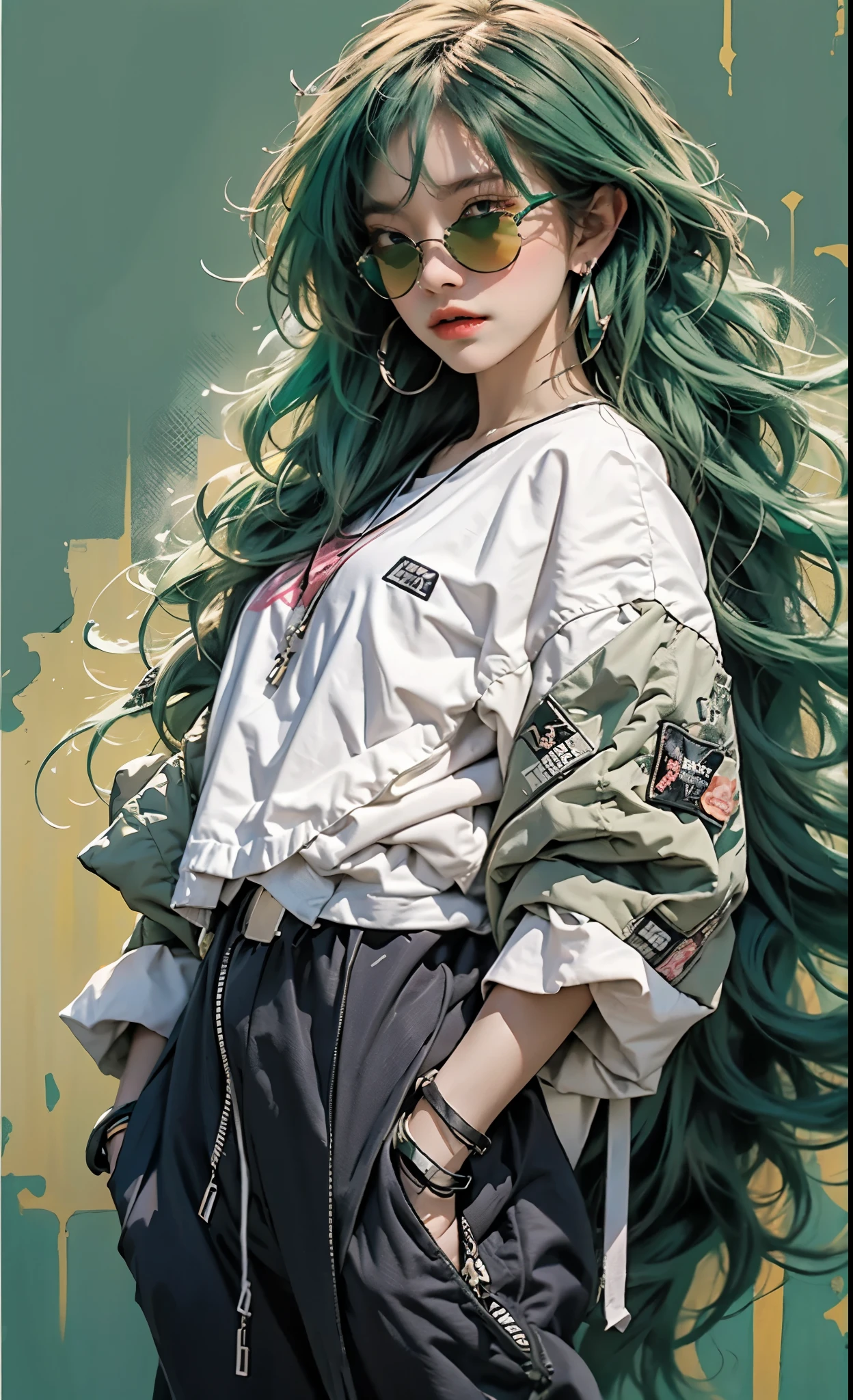 Kizi, Sexy, Handsome movements,Sideways photo,Colorful color scheme,(green hair)sunglasses, cool spray graffiti creative background, genz millenial soft faceTrendy clothing,Columnar patch background,green tomboy ish messy hai, rGeometric pattern stitching background,