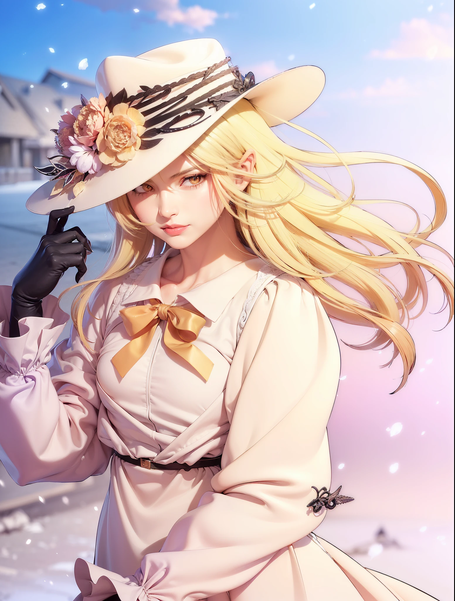 (female:1.2), 8k, ultra hd, ultra detailed texture, hyper realistic, masterpiece, detailed texture, detailed face, detailed skin, detailed lighting, (photorealistic:1.5), best quality, beautiful lighting, cinematic lighting, professional lighting, ultra highres, realistic, detailed hair, real hair, high quality, (realskin:1.5), extremely detailed, finely detail, ultra-detailed, 1girl, solo, standing, demon horns, (yellow eyes:1.5), v-shapped eyebrow, lips, red lips, evil smile, nose, make up, pretty, beautiful, long hair, blonde hair, high ponytail, large breasts, cleavage, armpit, navel, stomach, black armor, pauldrons, bare shoulders, shoulder armor, thigh high, sleevless, detached sleeves, breastplate, gauntlets, karina \(mobile legends\), depth of field, looking aways, white skin, skin tight, amazing pose, outdoors, glowing, dark view