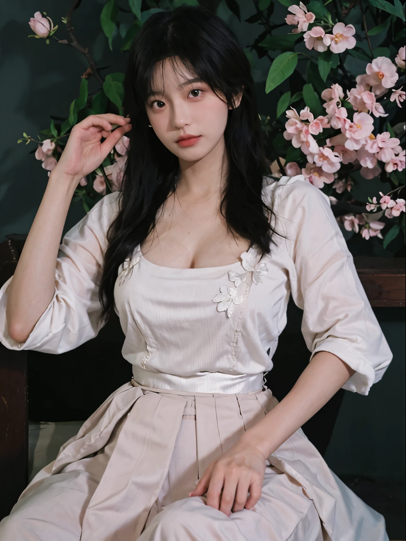 best quality, ultra high resolution, (realistically:1.4), a girl, A pair of clear and charming peach blossom eyes,Royal sister,black long straight,tight skirt, (Big cleavage:1.2), looking at the audience, Close-up cleavage ,