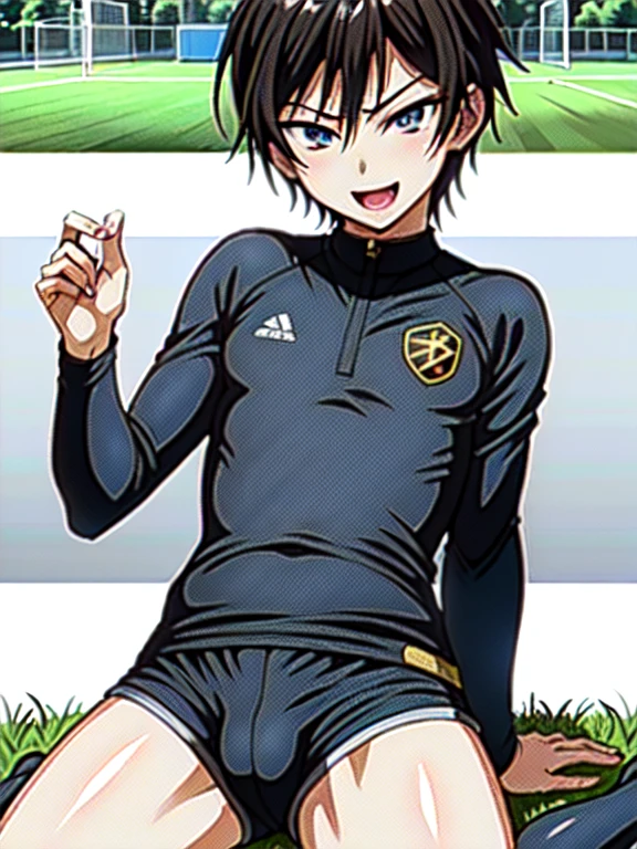 (((official art,Super thin illustration,High resolution, muste piece, best quality,best quality,)))high quality, detailed, ( boy),12 yealo)))、 A young ace striker male idol with a super cute face,A boy as beautiful as Planding, Cool handsome face with a smile, soccer spike, long legs, thighs, Foots, No bulge, (blonde、short hair)、shiny hair, (Tight shiny random color soccer uniform suit), (tight and shiny soccer shorts), (soccer socks), grassy area, cool pose, (厚いthighs、Seducing a big ass into your crotch)、(((soccer field in the park)))、((Saucy、))、grinning grin、spread legs,ultra fine painting, (best quality, In 4K, 8K, High resolution, muste piece:1.2),service shot、((detailedな目:1.2))、showing off his big butt、proud butt、