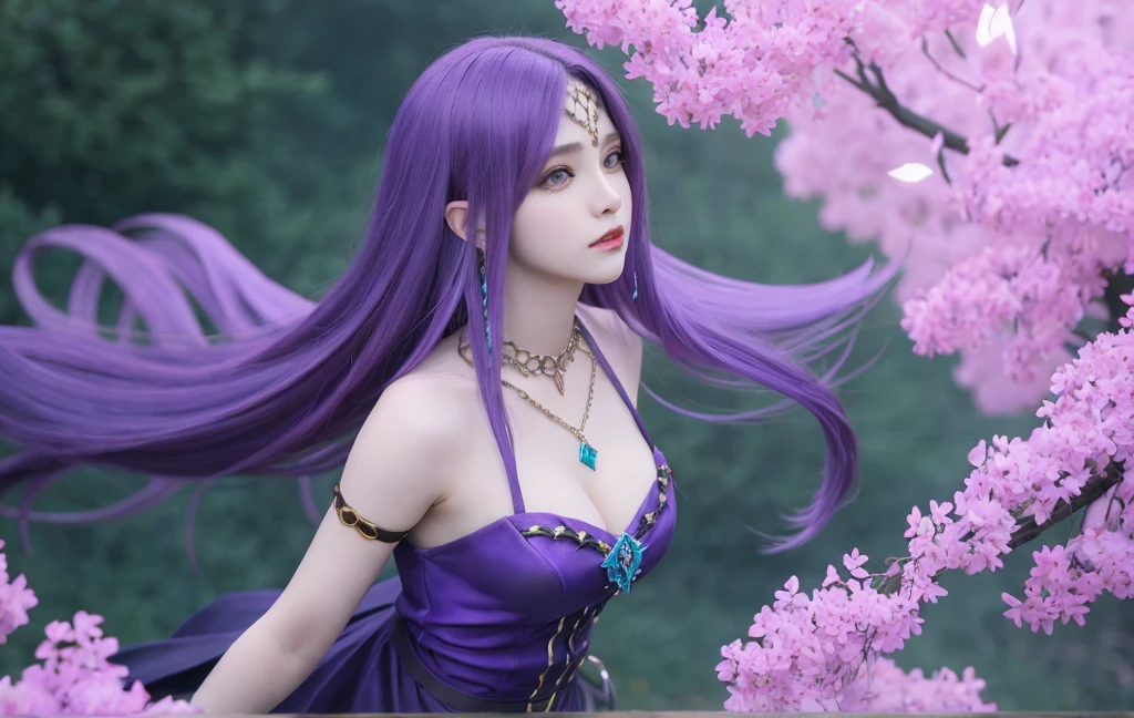 woman, long purple hair, wearing facial necklace, cruel, beautiful, realistic, purple edge, cinematic light, novaria mobile legend cosplay