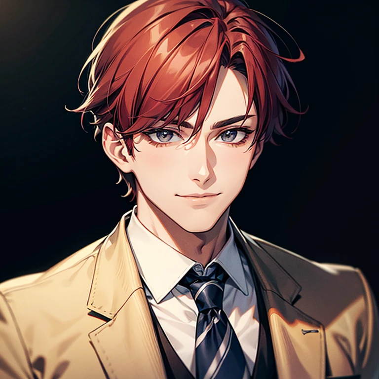 one wild man, warm skin, gray eyes, mature face, head portrait, red hair, face focus, adult, suit, Jacket, shirt, tie, highest quality, facial details.Beautiful husband,bewitching smile