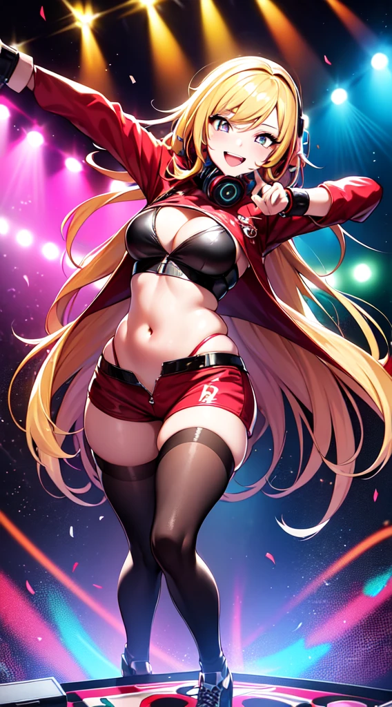 anime girl,short mini red  jumpsuit, unzip to belly, headphones,DJ turntable set,club lighting,stage,confetti,dancing,smiling,(best quality:1.2),(ultra-detailed:1.2),(realistic:1.37),HDR,vivid colors,portraits,shorts,headphone girl,energetic pose,colorful lights,stage set,confetti raining,joyful expression,dance floor ,anime style, atmosphere,techno music,electronic dance music,festival vibes,hip hop beats,festival outfit,energetic dance moves,expressive eyes,long braided hairstyle with vibrant blonde color, brown eyes, elaborate makeup neon lights,beaming smile,positive vibes,high-energy performance,stylized backgrounds,colorful visuals,excitement in the air, back turned 