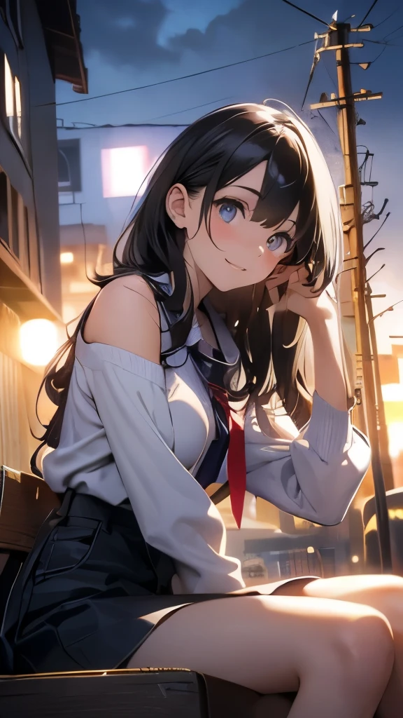 ((masterpiece, best quality, high resolution, ultra high definition, Pixel perfect, wide angle, 4K, RTX, human development report))), 1girl in, single, alone, Beauty、see whole body、 (( Reddish-brown hair , very long hair , Short Liuhai )), ((blue eyes, beautiful eyelashes, realistic eyes,Confident eyebrows)), ((Detailed face, blush:1.2)), ((smooth texture:0.75, lifelike质感:0.65, lifelike:1.1, Anime CG style)), medium breasts, Perfect body, (( Shoulderless low-cut jumper, pleated skirt, bare shoulders ,Black tights ,Black boots)), Smile, Bend over to tie your shoes , (The wind blows the long hair,bare shoulders、exposing her chest、Black tights) , Lakeside at night ,It was snowing heavily