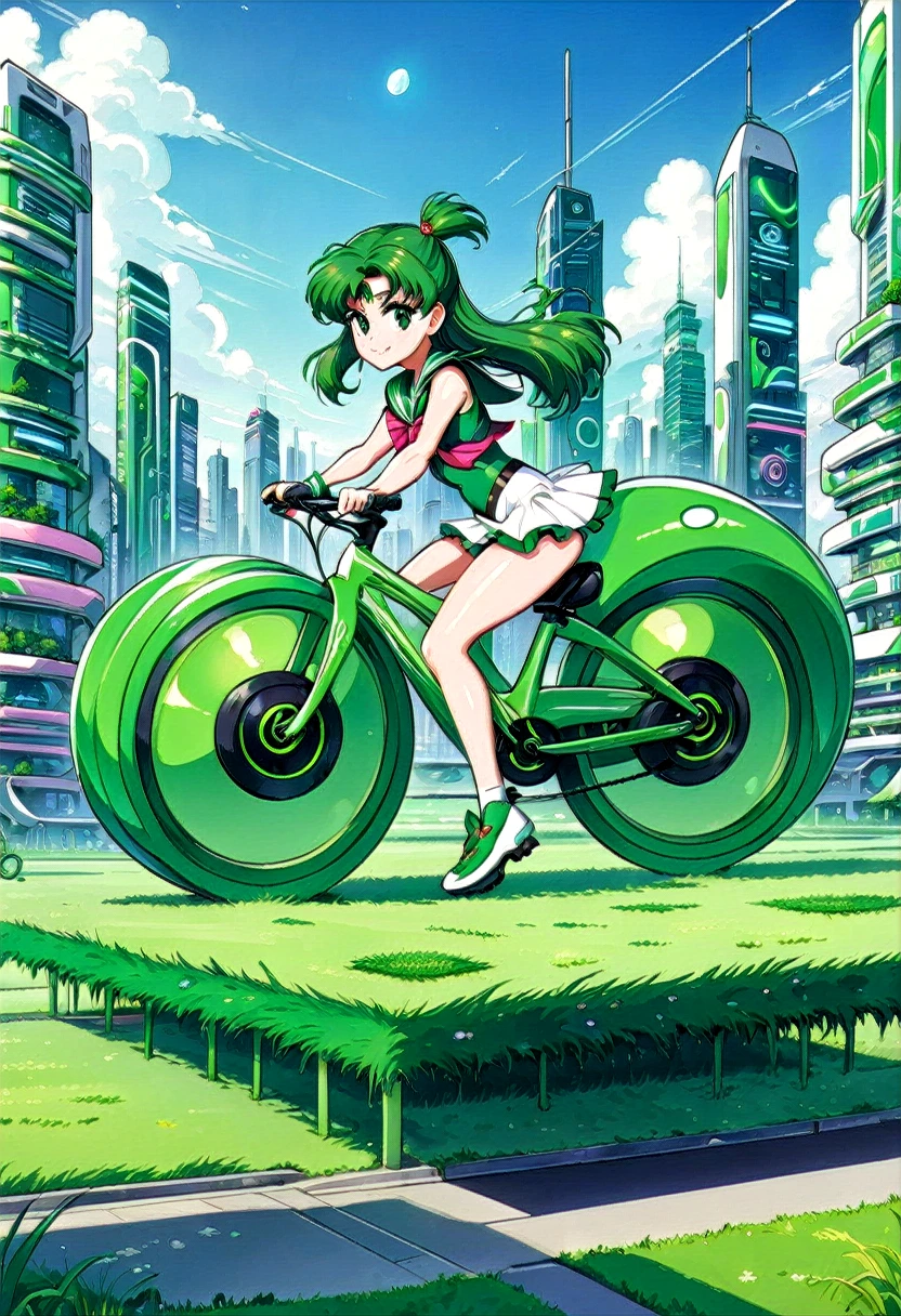 Sailor Jupiter Rides Bicycle, A complex grass Structure in a futuristic city